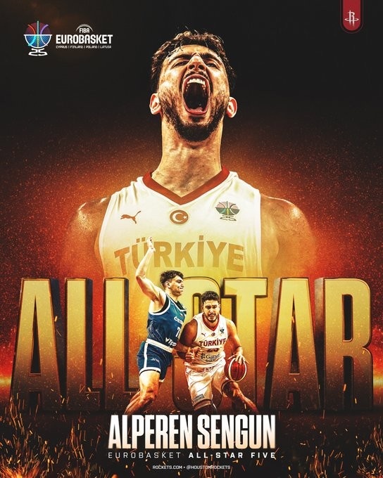 全村的驕傲！火箭官方發(fā)布海報 祝賀申京入選歐錦賽最佳陣容一陣