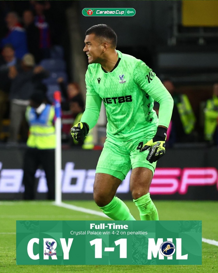 水晶宮聯(lián)賽杯第三輪1-1戰平米爾沃爾，通過(guò)點(diǎn)球大戰晉級