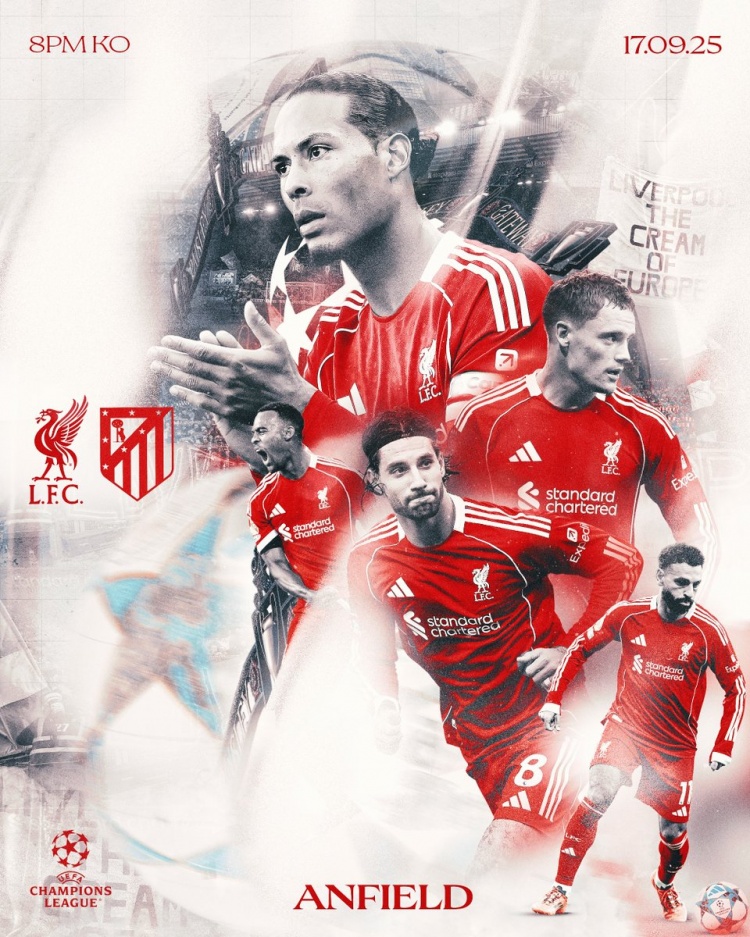 利物浦曬歐冠戰馬競海報：范迪克、薩拉赫+新援維爾茨等多人出鏡