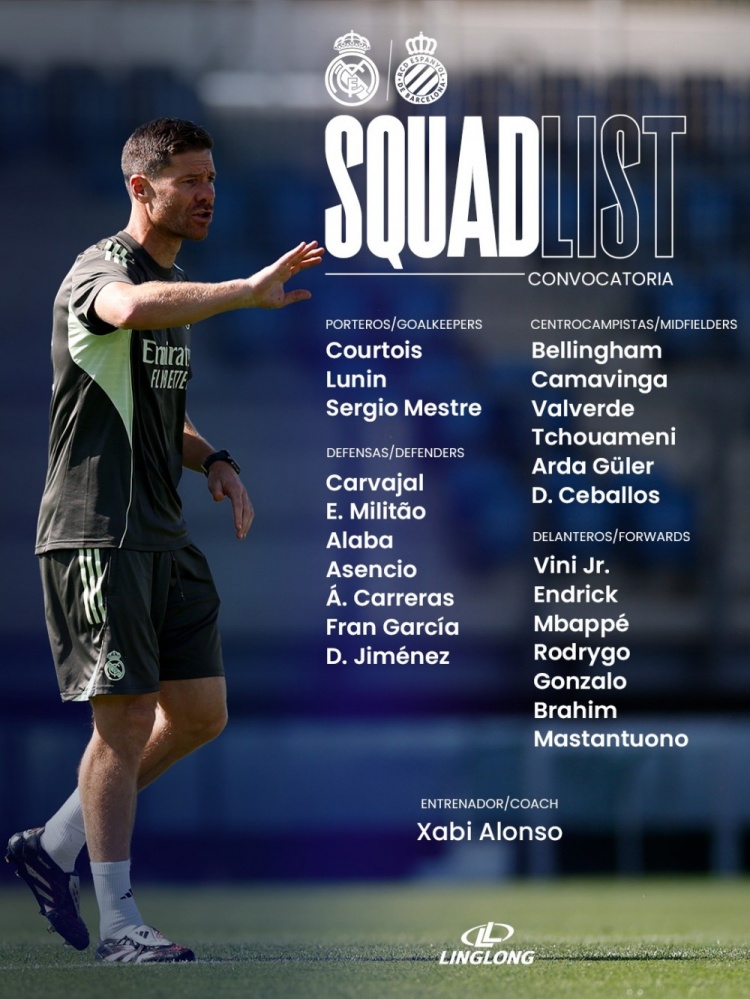 皇馬公布戰西班牙人大名單：姆巴佩領(lǐng)銜鋒線(xiàn)，恩德里克回歸