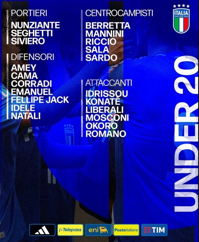意大利U20大名單：伊德里蘇、利貝拉里、奧科羅、薩拉入選