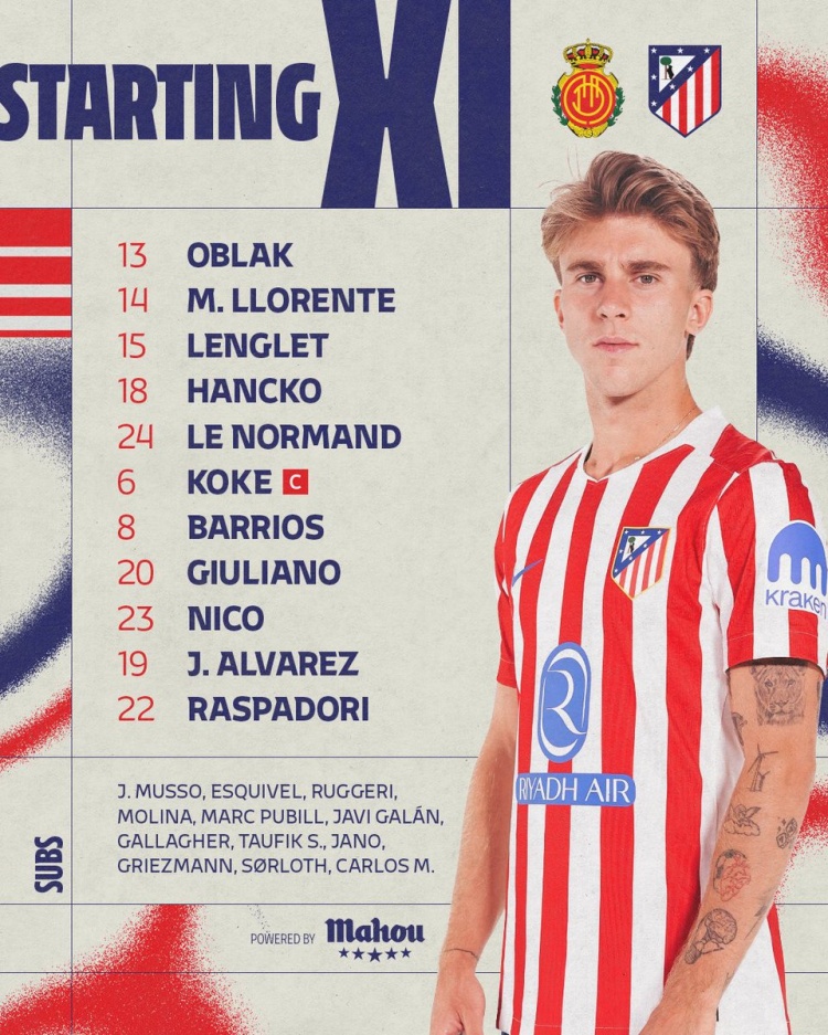 馬競首發(fā)：科克、阿爾瓦雷斯先發(fā)，格列茲曼替補