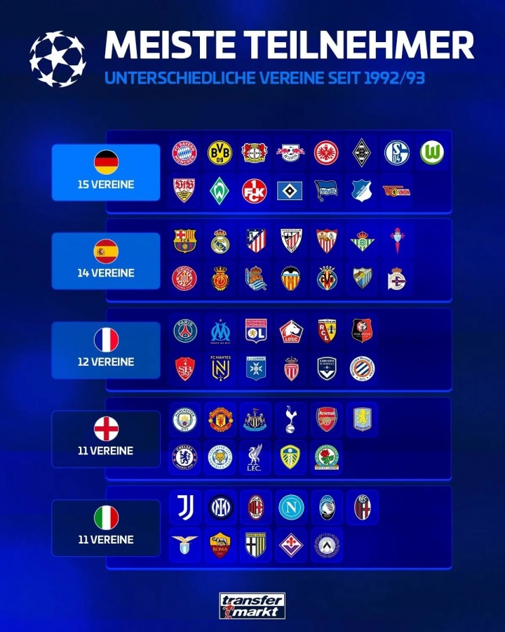 歐冠改制后五大聯(lián)賽參賽排行：德甲15隊居首，英超、意甲11隊最少