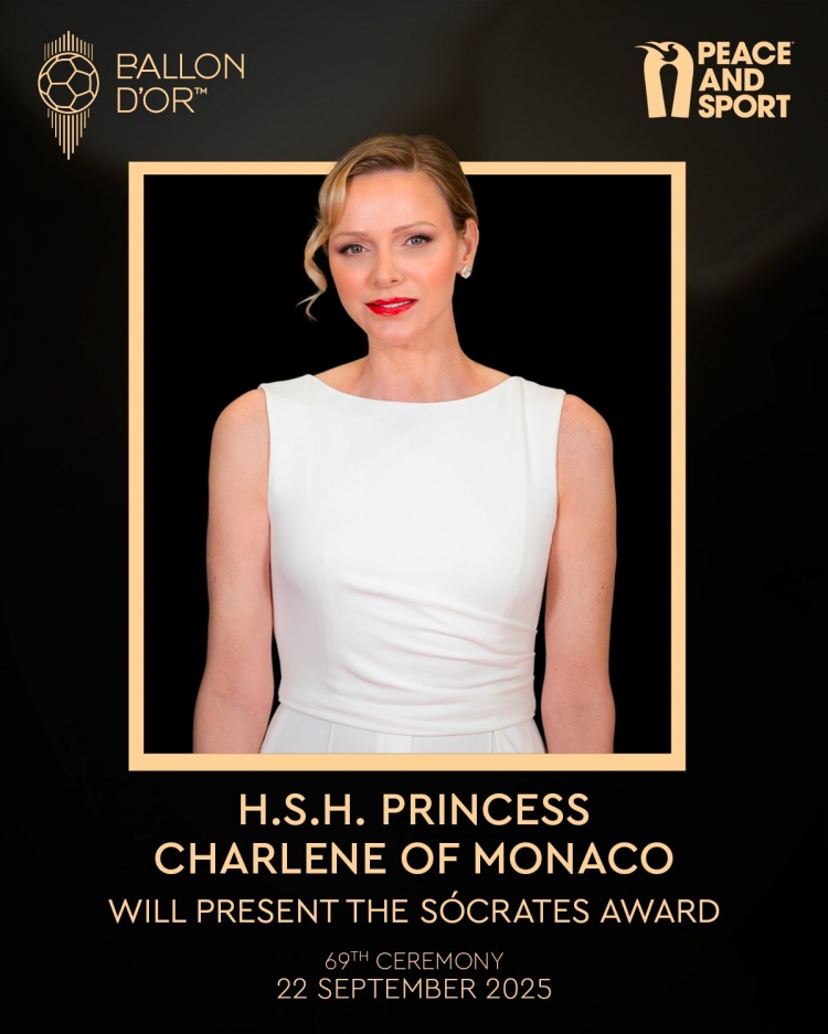 官方：蘇格拉底獎將由摩納哥夏琳王妃頒發(fā)，她曾是奧運游泳選手