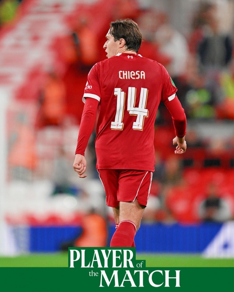 助攻雙響！基耶薩當選聯(lián)賽杯第三輪利物浦隊內最佳球員