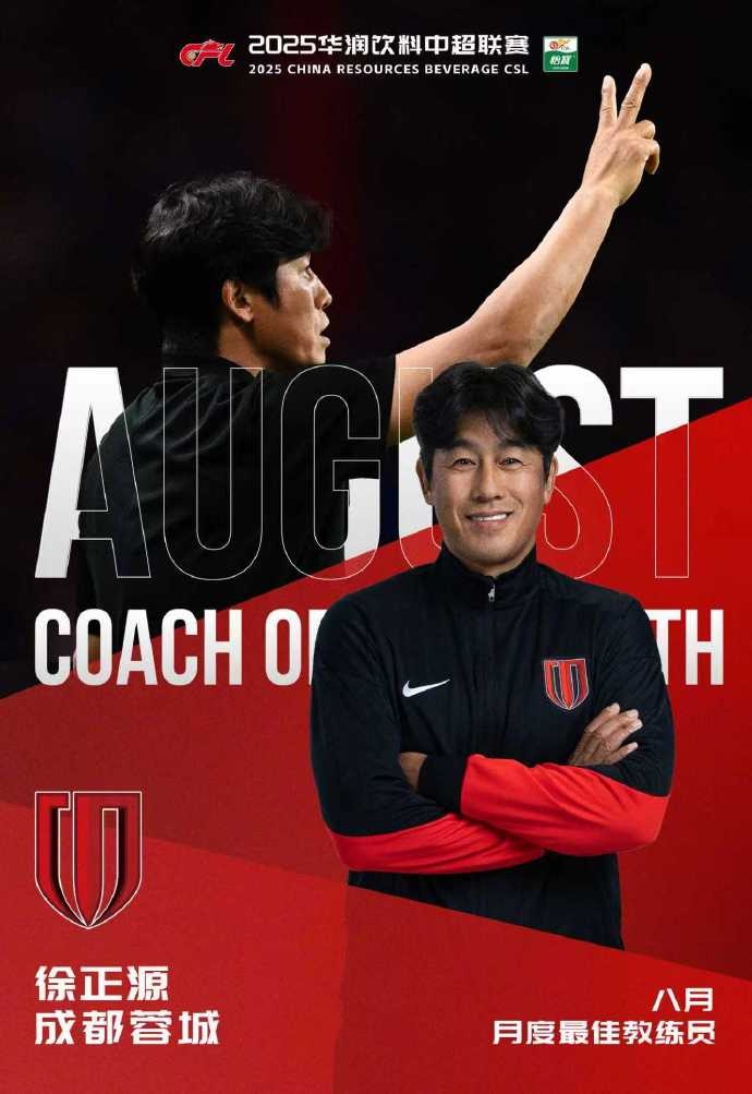率領(lǐng)蓉城3勝1平！官方：徐正源當選中超8月最佳教練