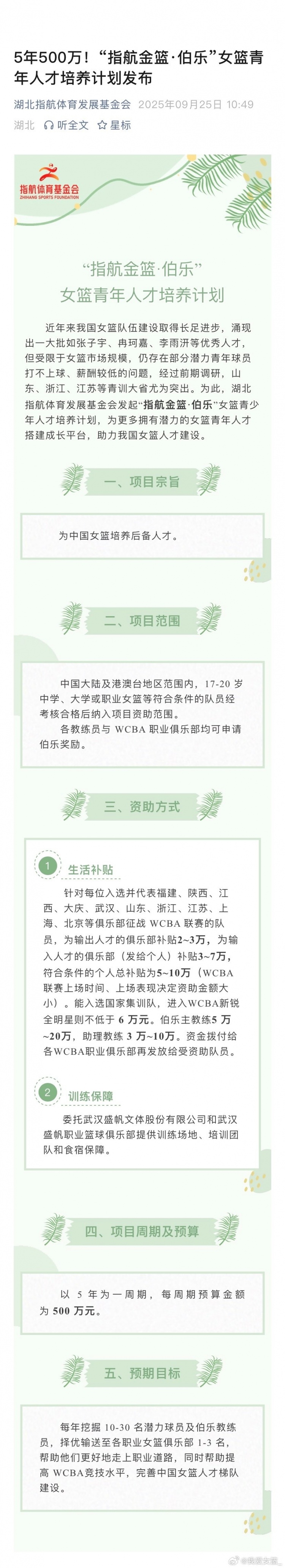 湖北指航基金女籃人才培養計劃略有調整 輸入輸出人才球隊都補貼