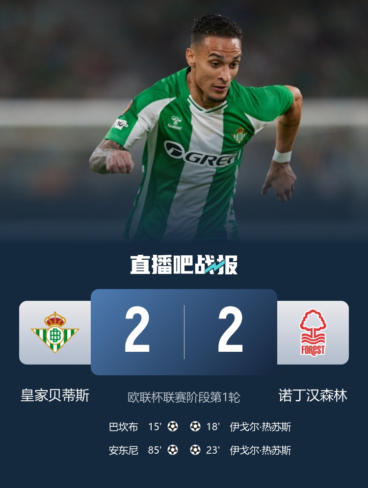 圓神傳射！貝蒂斯2-2森林 安東尼85分鐘破門(mén)絕平+助攻巴坎布建功