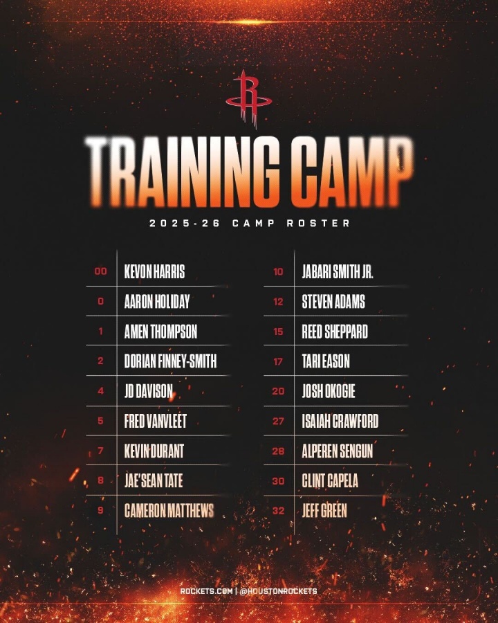 火箭公布訓練營(yíng)名單：杜蘭特&申京領(lǐng)銜 范弗里特在列 共18人