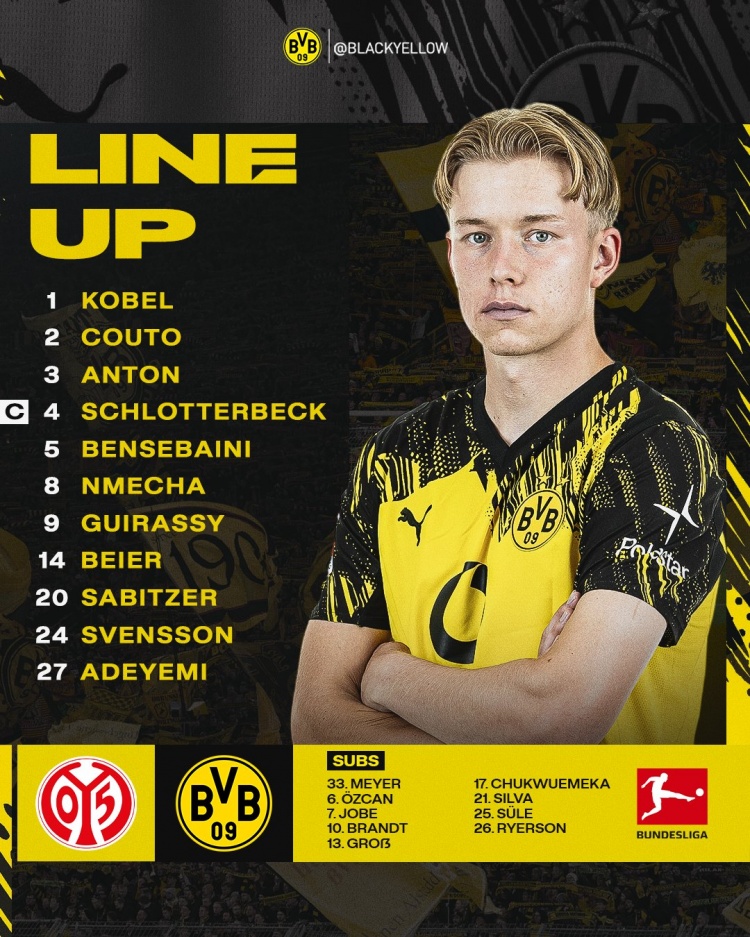 多特vs美因茨首發(fā)：薩比策、阿德耶米在列，吉拉西賽前熱身傷退