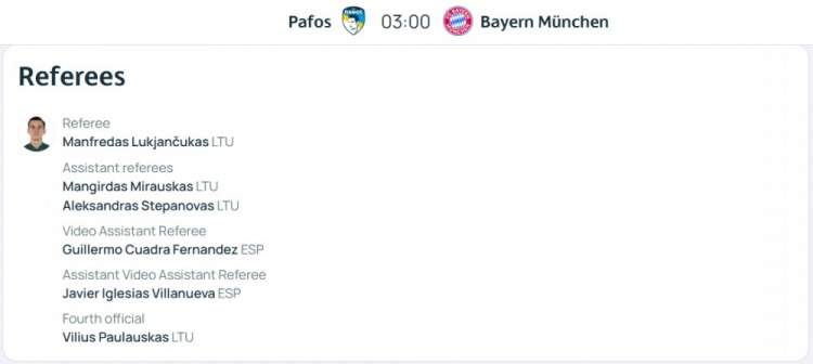 拜仁客戰帕福斯裁判組名單：立陶宛主裁執法，西班牙人VAR裁判組
