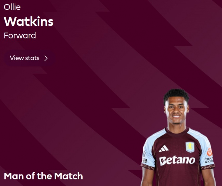 打進(jìn)賽季首球，官方：沃特金斯當選維拉3-1富勒姆全場(chǎng)最佳