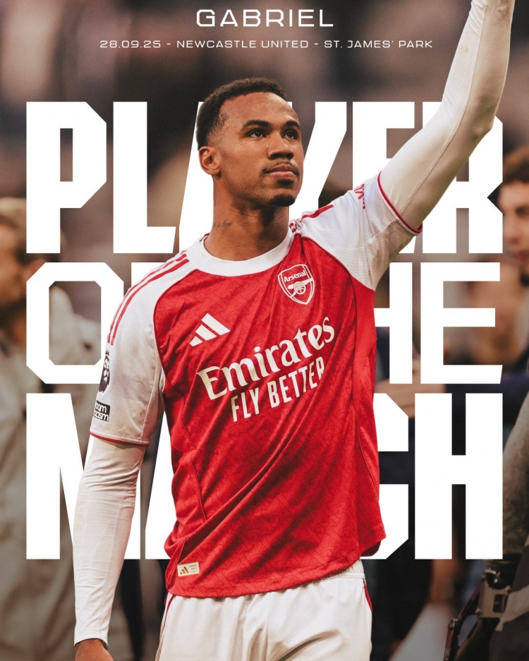 補時(shí)絕殺！加布里埃爾當選對陣紐卡一役阿森納隊內最佳球員