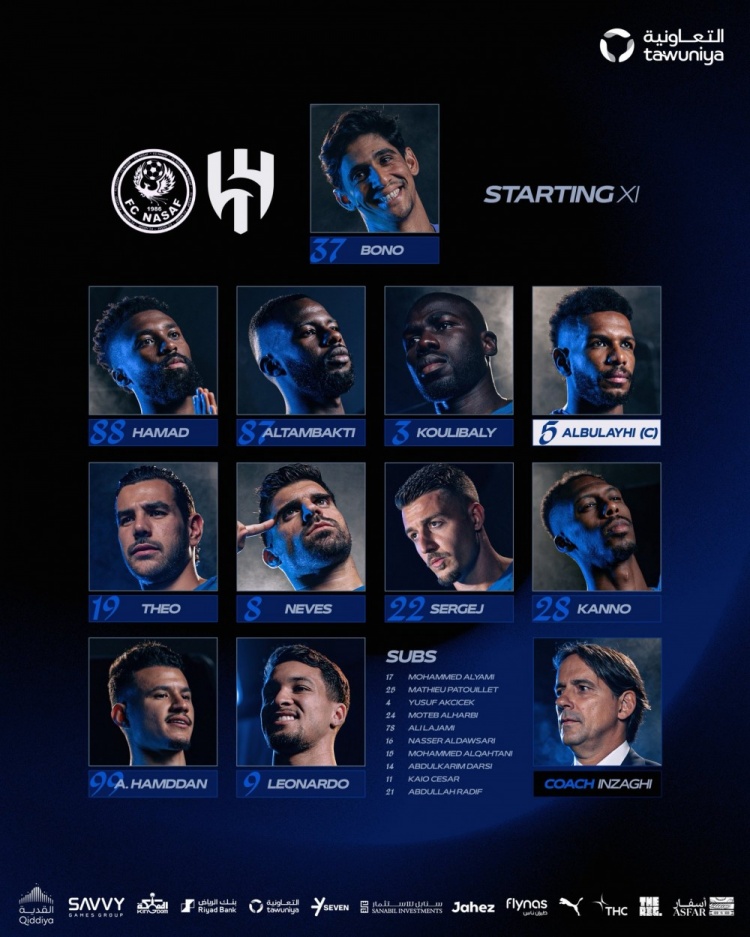 亞冠-利雅得新月vs納薩夫首發(fā)：米林科維奇、庫利巴利、特奧出戰