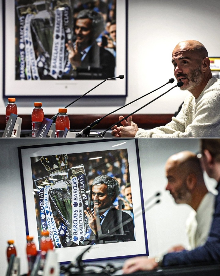 傳奇回家！馬雷斯卡發(fā)布會(huì )現場(chǎng)，墻上的照片正是穆帥英超第3冠