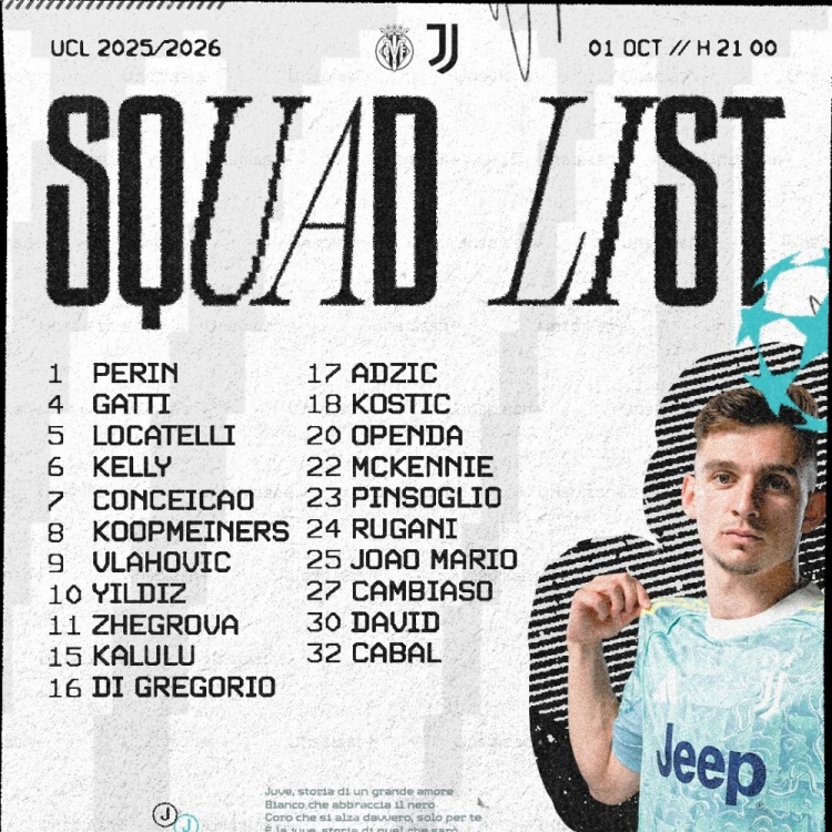 尤文公布歐冠客戰黃潛21人名單：弗拉霍維奇、伊爾迪茲、戴維領(lǐng)銜