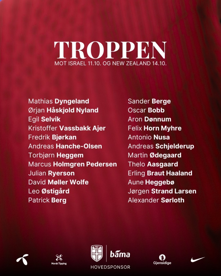 挪威新一期大名單：哈蘭德、厄德高領(lǐng)銜，索爾洛特、拉爾森入選