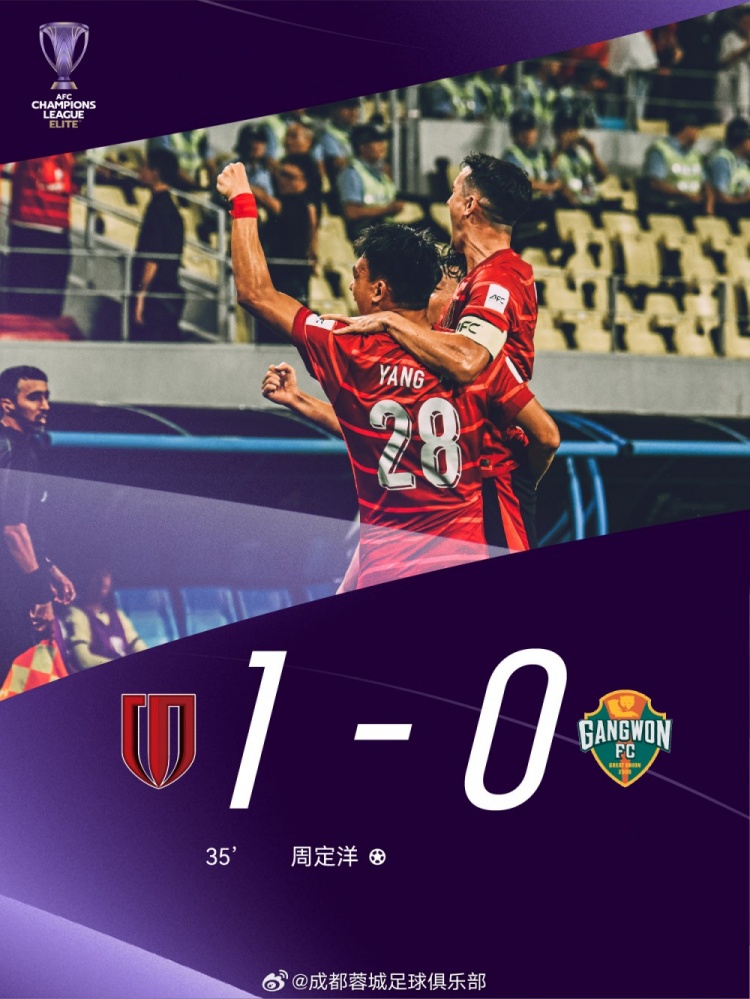 取得亞冠正賽首勝！成都蓉城1-0戰勝江原FC，周定洋獲得本場(chǎng)最佳