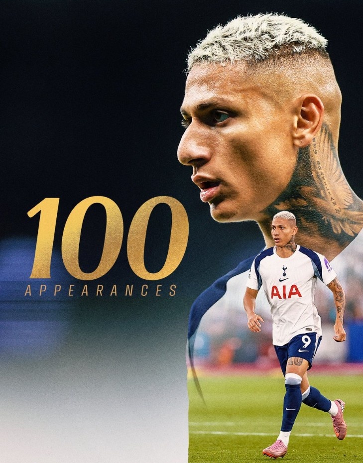 理查利森迎熱刺生涯百場(chǎng)里程碑，此前貢獻23球11助攻