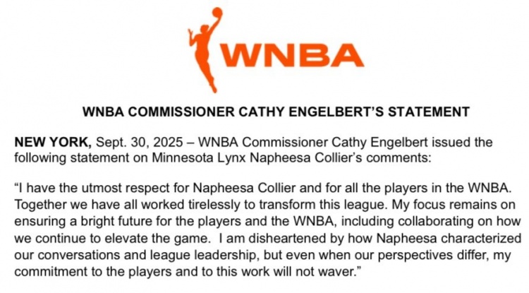 WNBA總裁回應科利爾炮轟：致力于推動(dòng)發(fā)展 對她的言論感到遺憾