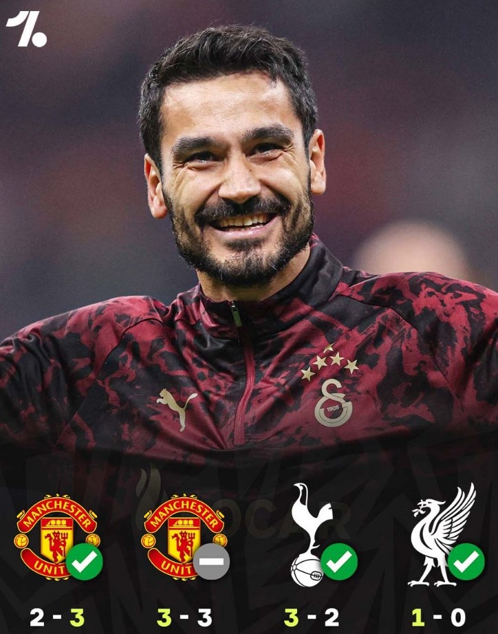 加拉塔薩雷近4場(chǎng)歐戰對陣英超球隊3勝1平，擊敗紅軍、曼聯(lián)、熱刺