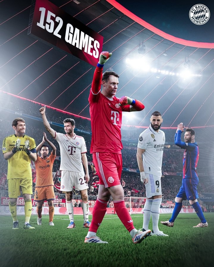 數據錯了？拜仁祝賀諾伊爾歐冠152場(chǎng)歷史排名第六，但海報上無(wú)C羅