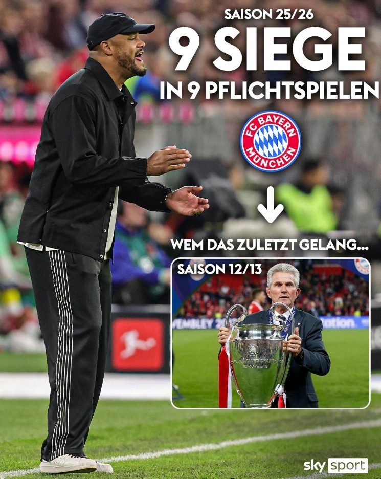 拜仁自12/13賽季后首次以9連勝開(kāi)局，上次球隊豪取三冠王