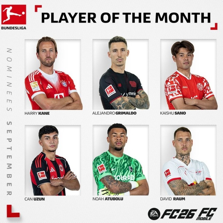 德甲官方9月最佳球員候選：凱恩領(lǐng)銜，格里馬爾多、烏尊在列