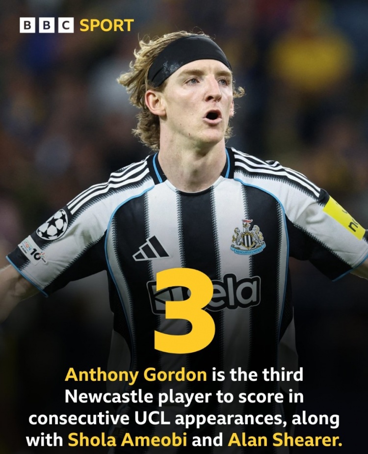 比肩希勒！戈登成紐卡隊史第三位在歐冠中連場(chǎng)進(jìn)球的球員