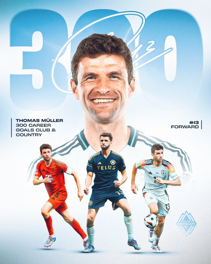 892場(chǎng)300球！穆勒點(diǎn)射破門(mén)收獲生涯第300球，加盟溫哥華5場(chǎng)5球